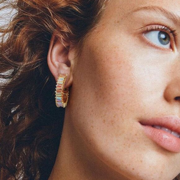 14K Yellow Gold with Iridescent AB Cubic Zirconia Drop Hoop Leverback Earrings - Picture 5 of 7